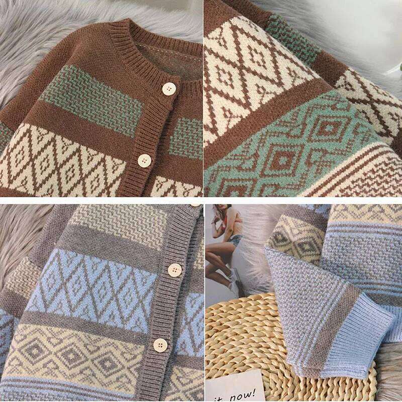 Striped Panelled Cardigan Women Vintage Design Casual Retro All-match Females Aesthetic Stylish Temperament Sweaters Clothing Z260313