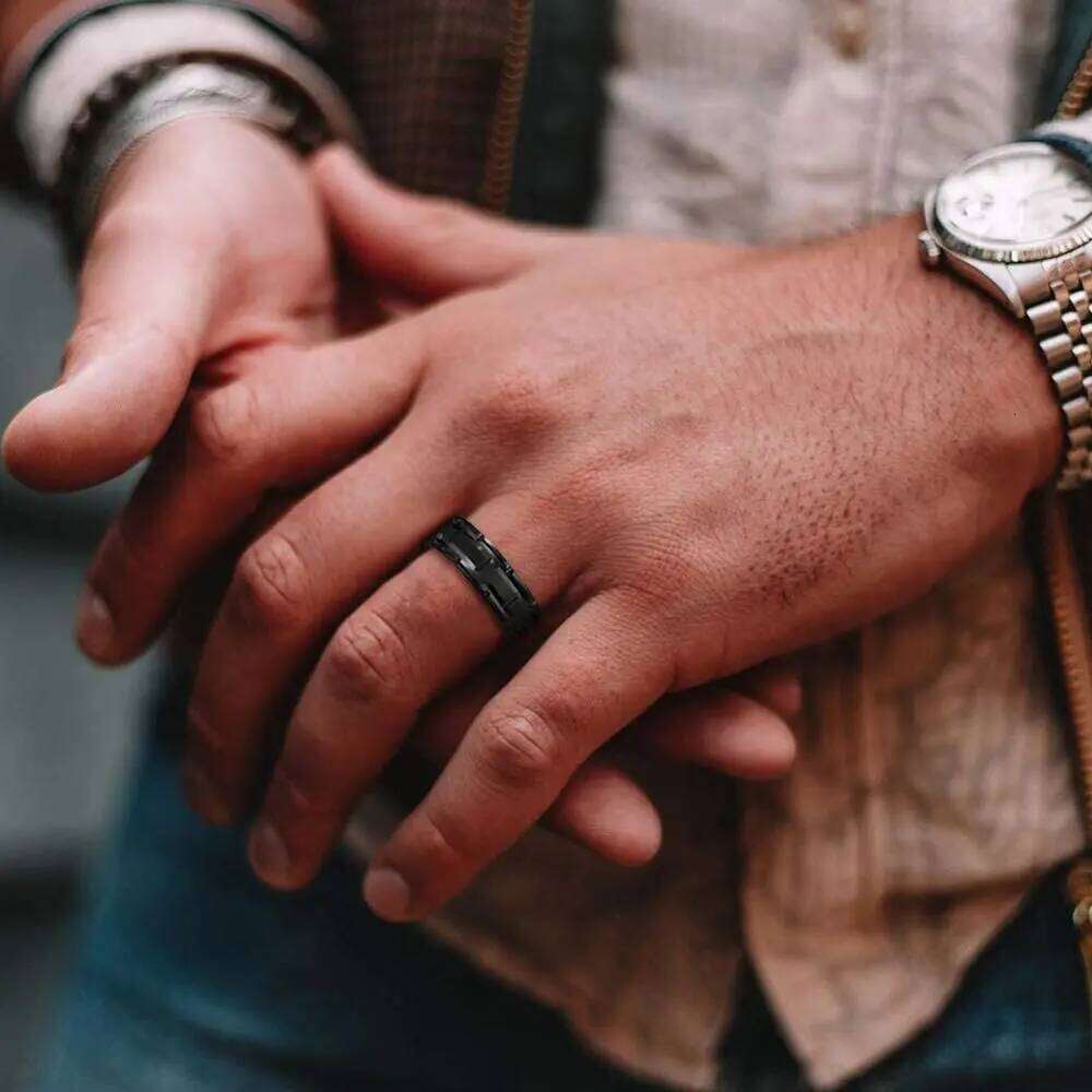 Fashion Men's 8mm Gold Color Groove Beveled Edge Tungsten Wedding Carbon Fiber Punk Gear Wheel Stainless Steel Ring For Men