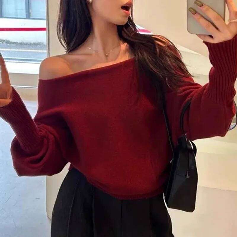 Fashion Black Long Sleeve Sweaters Knitted Pullovers Slash Neck Knit Sweater Pullover Women Tops Knitwears Q1476 Z260314