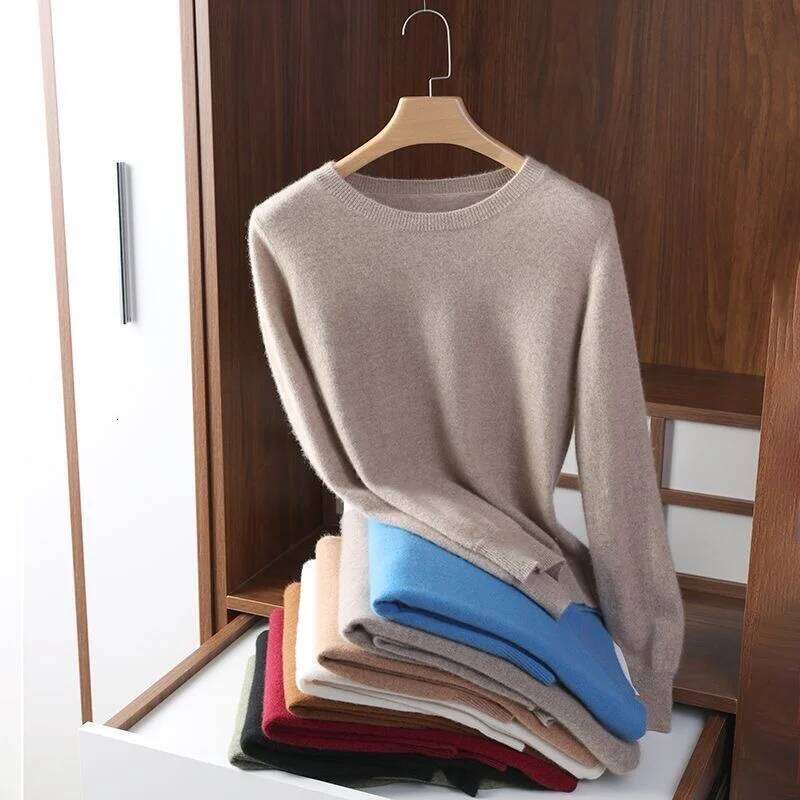 Women Slim O-Neck Pullover Cashmere Wool Blending Sweater Autumn And Winter Long-Sleeved Knit Bottoming Shirt Large Size 2024 Z260313