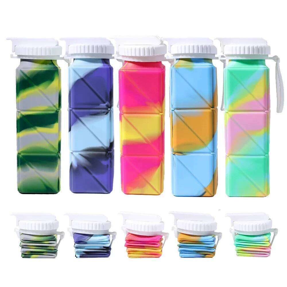 650ml Rainbow Folding Cup New Sports Outdoors Portable Travel Silicone Water Bottle Fitness Kettle Straw Cups Z260314