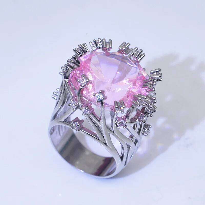 New 925 Sterling Silver Inlaid Pink Crystal Zircon Exaggerated Ring For Woman Wedding Jewelry Gift H260312