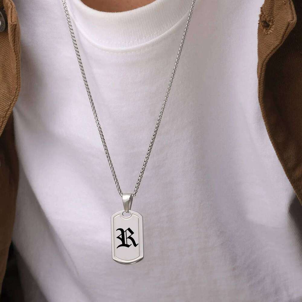 Punk Initial DogTag Necklace Men,A-Z 26 Letter Stainless Steel Pendant Necklaces,Old English Number Jewelry Gifts for BBF H260312