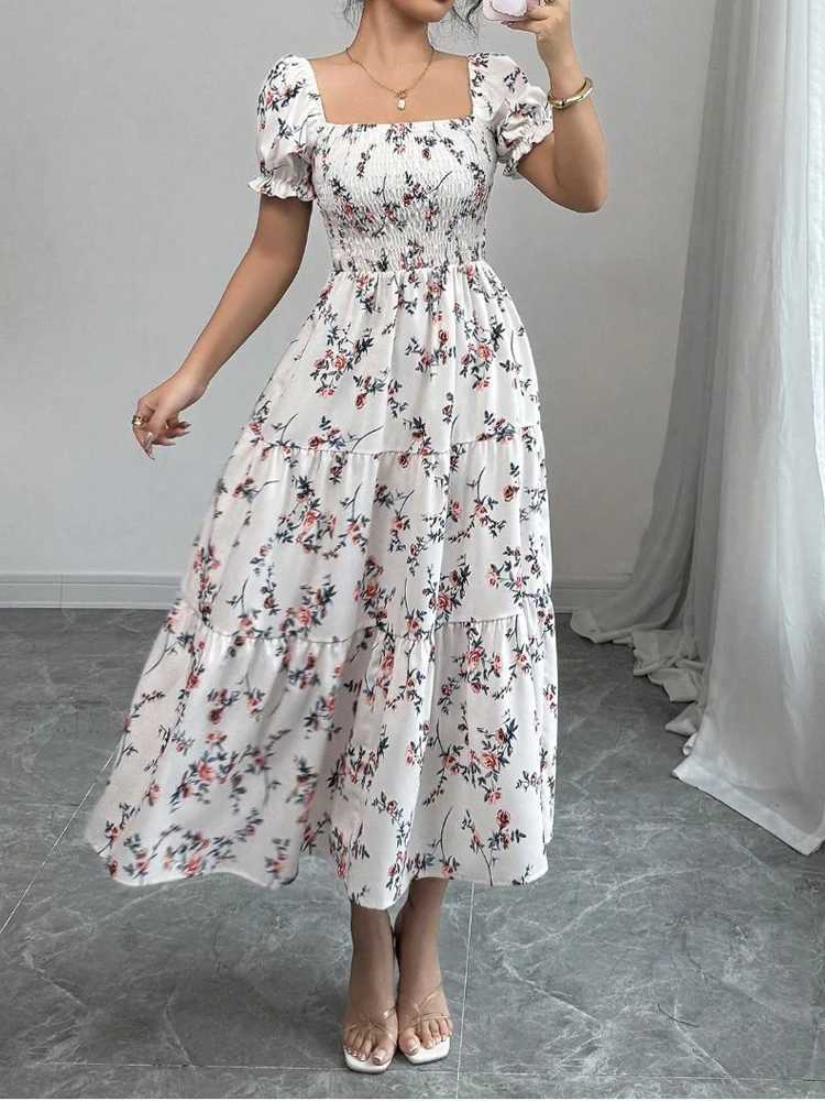 New Summer Fashion Womens Printed DressShort Sleeved DressesWhite DressesFloral DressesElegant DressesWomans ClothingT260316