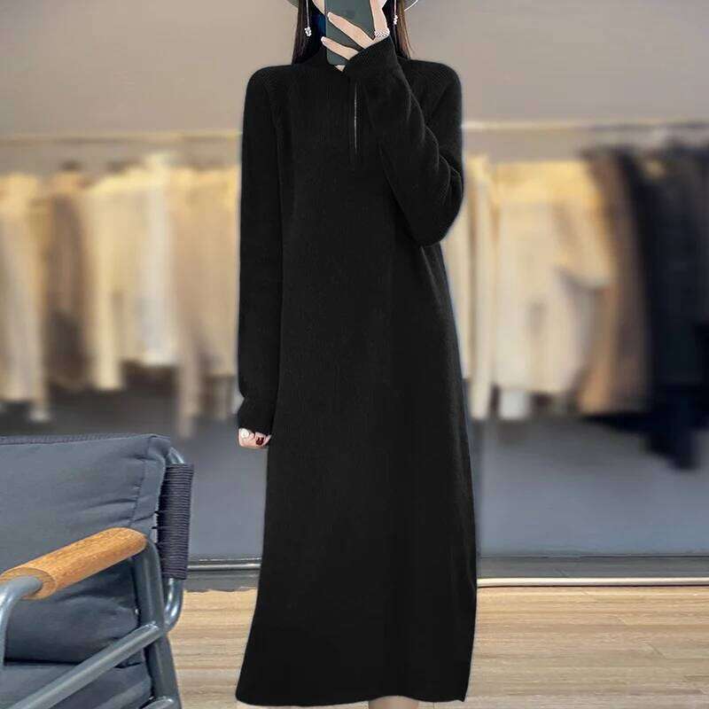 Thick Zipper Mock Neck Chic Elegant Soft Warm Striped Basic Comfort Women's One-piece Dress 100% Merino Wool Exquisite Sweater Z260313