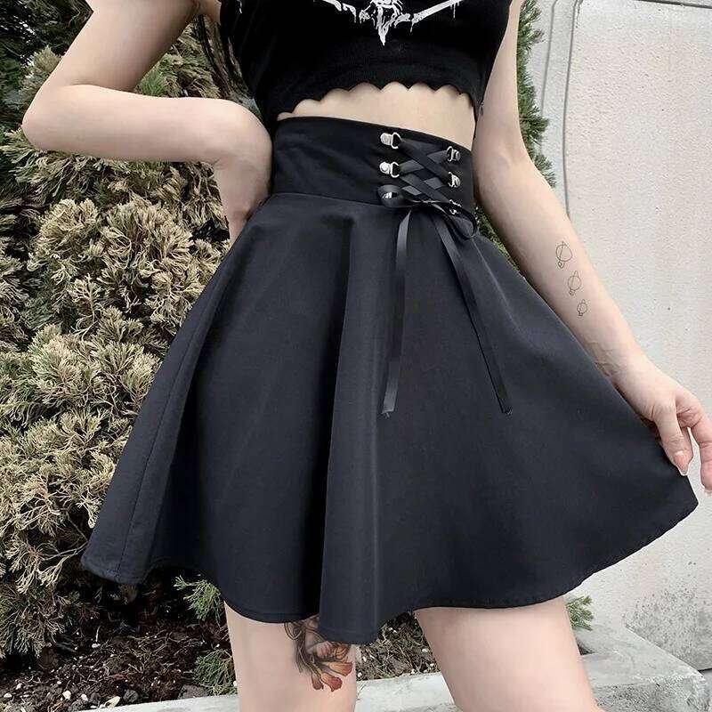 FICHOR Women's Black Checkered Gothic Skirt Pleated Mini Hip Hop Punk Style for Spring Autumn Clubwear Z260314