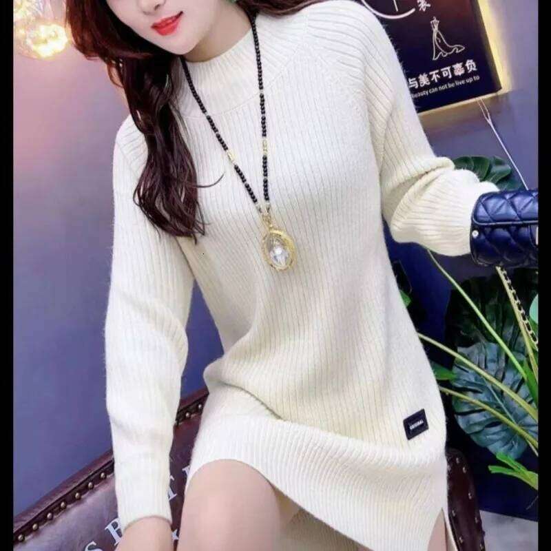 Autumn Winter Women Fashion Bright Silk Split Basic Knitted Sweater Dresses Female O Neck Long Sleeve Slim Pullover Midi Dress Z260313
