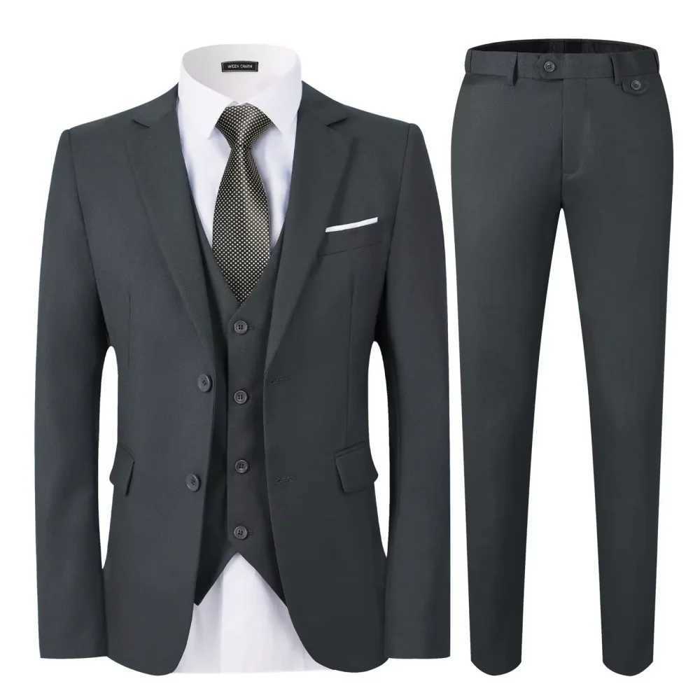 Elegant Solid Single-Button Slim Fit 3-Piece Mens Terno Blazer Vest Pants Ensemble for Formal Occasions M260313
