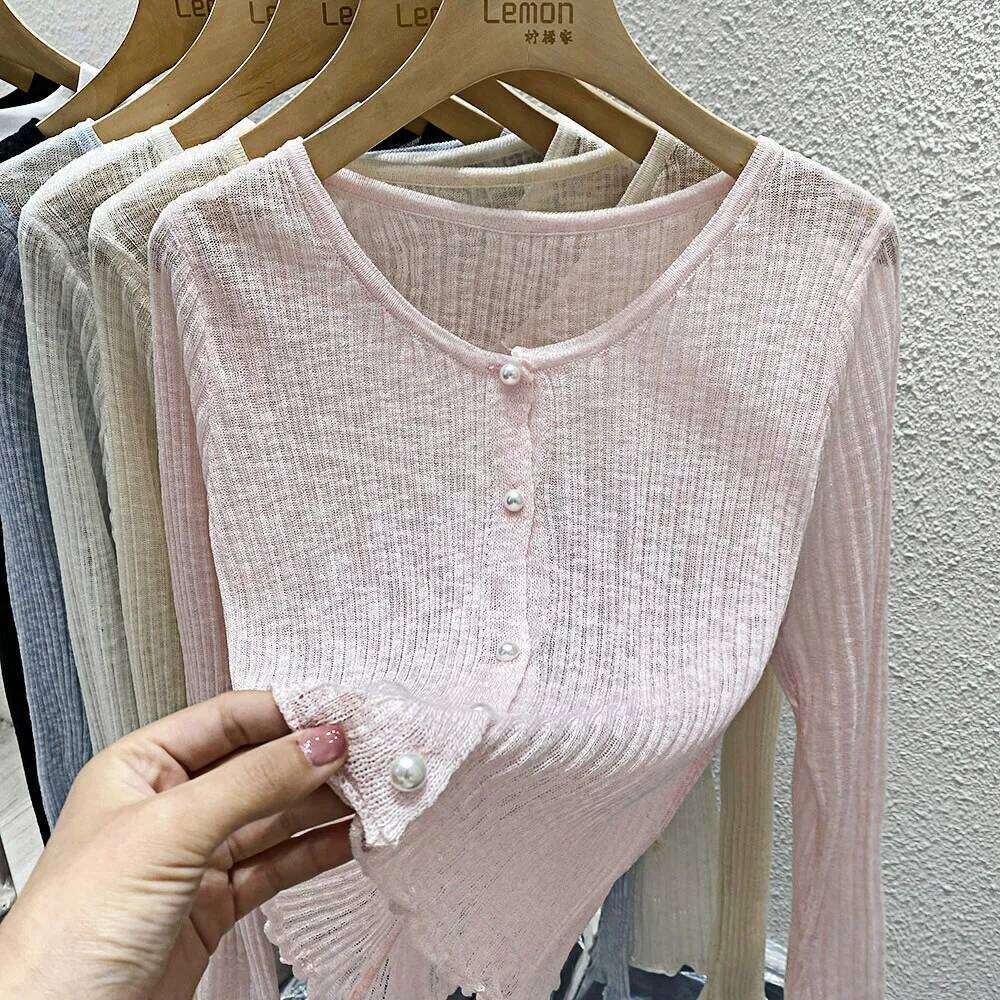 Ice Silk Sunscreen Cardigan For Women 2024 Spring/Summer V-Neck Outerwear Thin Shawl Knit Sweater Long Sleeved Short Jacket Top Z260314