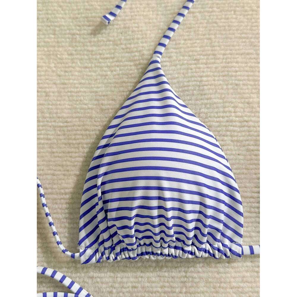 Women's Set, Sexy Blue and White Striped Print Halter Neck Tie-Up Triangle Top with String Bikini Bottoms, Beach Two-Piece Swimsuit 26H0313