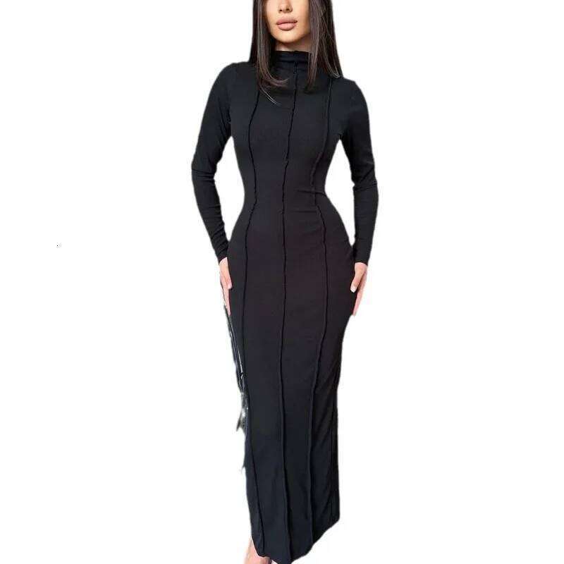 Elegant Solid Color Knit Dress 2025 Fall Women Long Sleeve Bodycon Stretch Ribbed Office Daily Wear Slim Fit Casual Dresses Z260313