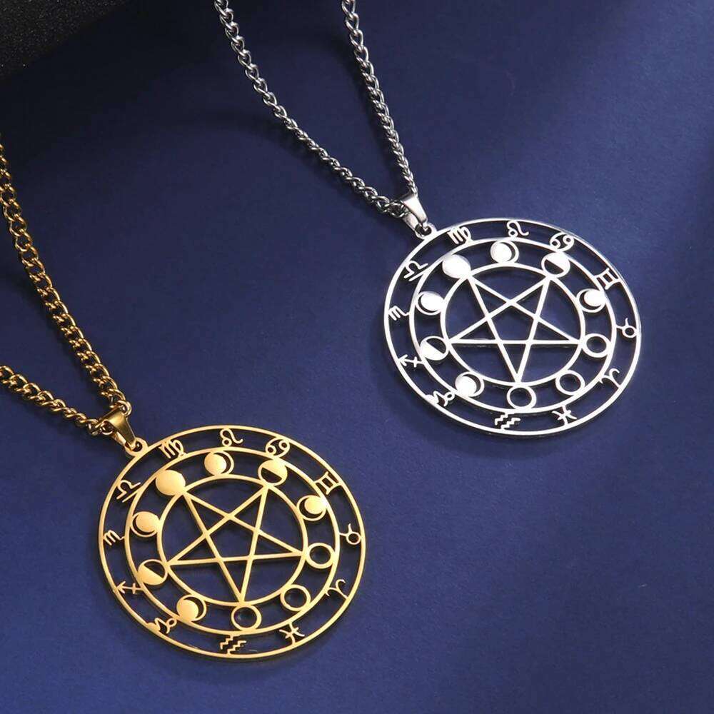 Dawapara Vintage Interted Pentagram Pentacle Pendant Crescent Moon Phase Wiccan Amulet Stainless Steel Necklace H260312