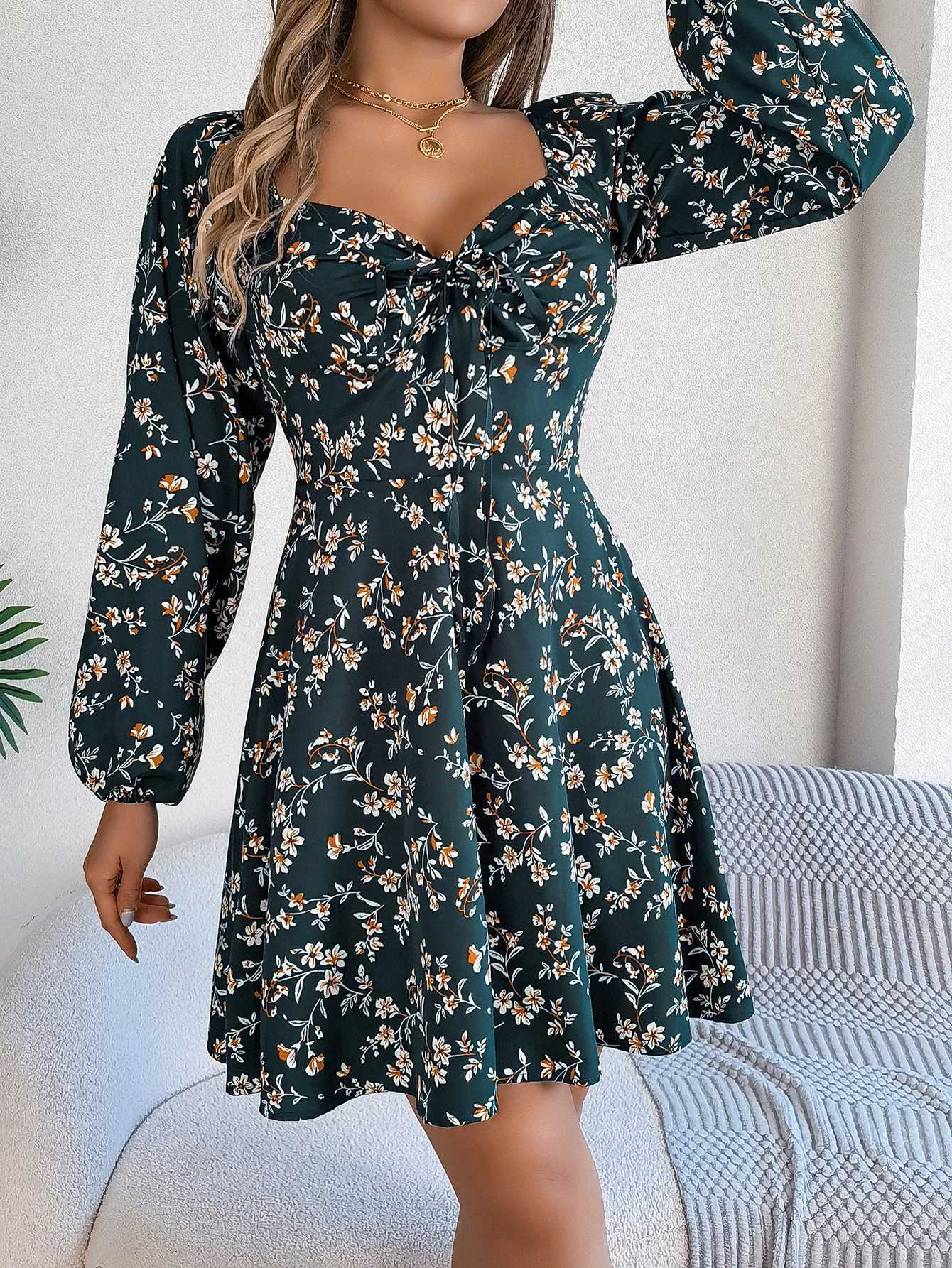 Womens Sexy Floral Square Neck Tie Front Dress - Long Sleeve A-Line Ruffle Hem Casual Spring Fall DressT260314