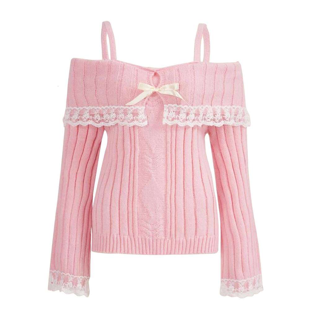 Women Off Shoulder Knit Sweater Solid Color Sweet Pullovers Long Sleeve Bow Lace Patchwork Cute Jumpers Club Streetwear Y2k Z260313