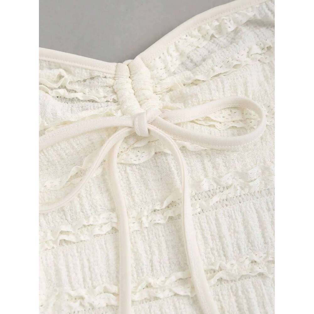 Women's Summer Fashion Casual Apricot Drawstring Knitted Textured Short Halter Neck Lace Up Vest Top