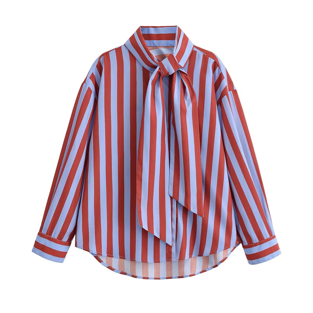 PB&ZA 2026 Spring/Summer New Product Women's Long Sleeve High Collar Butterfly Bow Striped Shirt
