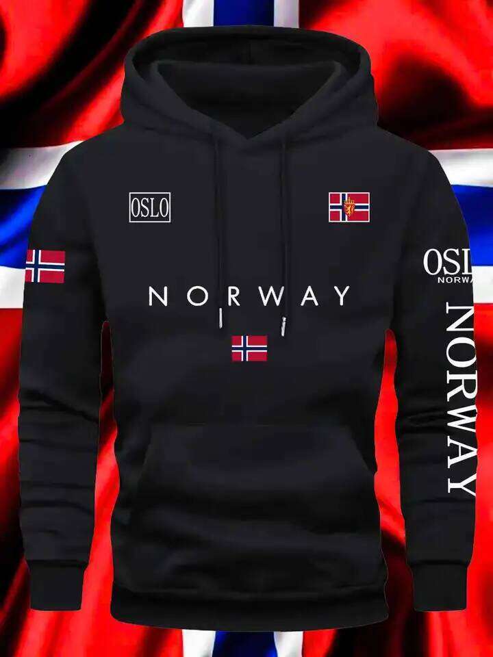 Norwegian Flag Print Trend Men Women Hooded Sweatshirt Autumn Winter Daily Outdoor Vacation Fitness Casual Loose Warm Sportswear Z260314