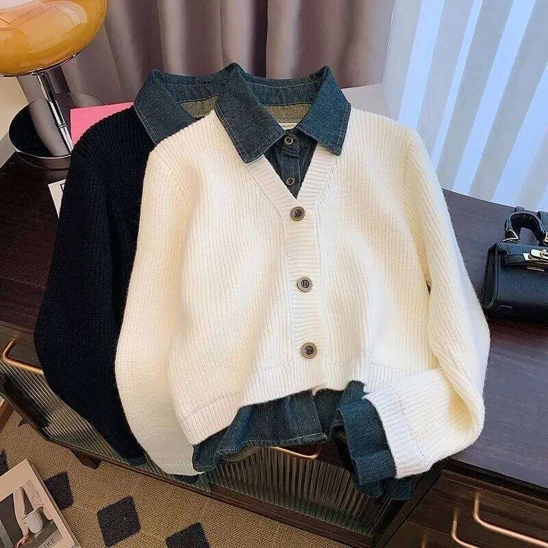 Fake two-piece Sweater Knitted Cardigan Women's Autumn Winter Design sense Polo collar Denim patchwork Long sleeved Loose Top Z260313