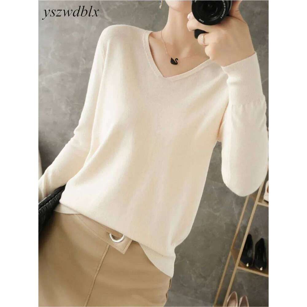 YSZWDBLX Womens Sweaters Spring Autumn V-neck Knitted Pullovers Loose Bottoming Shirt Cashmere Fashion Jumper Solid Pink Sweater Z260314