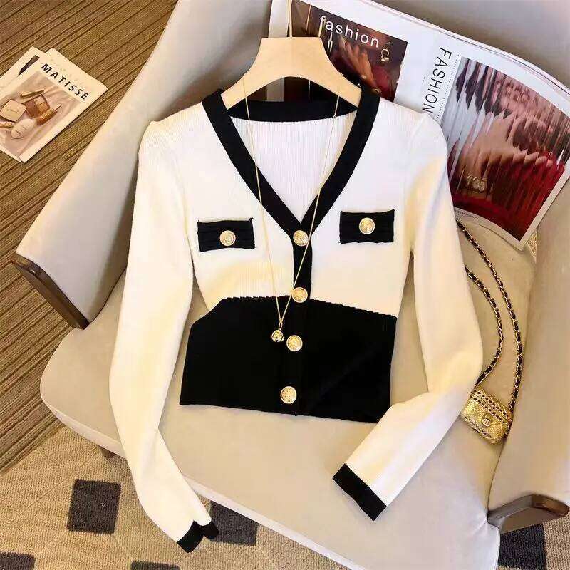 Sexy V-neck Sweater for Women Autumn 2024 New Contrast Design Metal Button Knitted Top Pull Femme Cropped Cardigan Slim Shirts Z260313