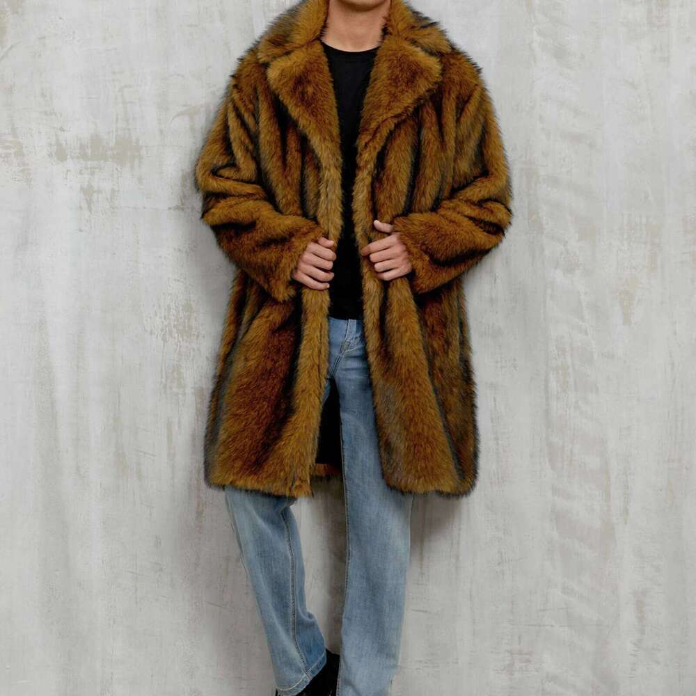 Men's Autumn Winter Faux Fur Coat Long Sleeve Turn Down Collar Open Front Jacket Z260313