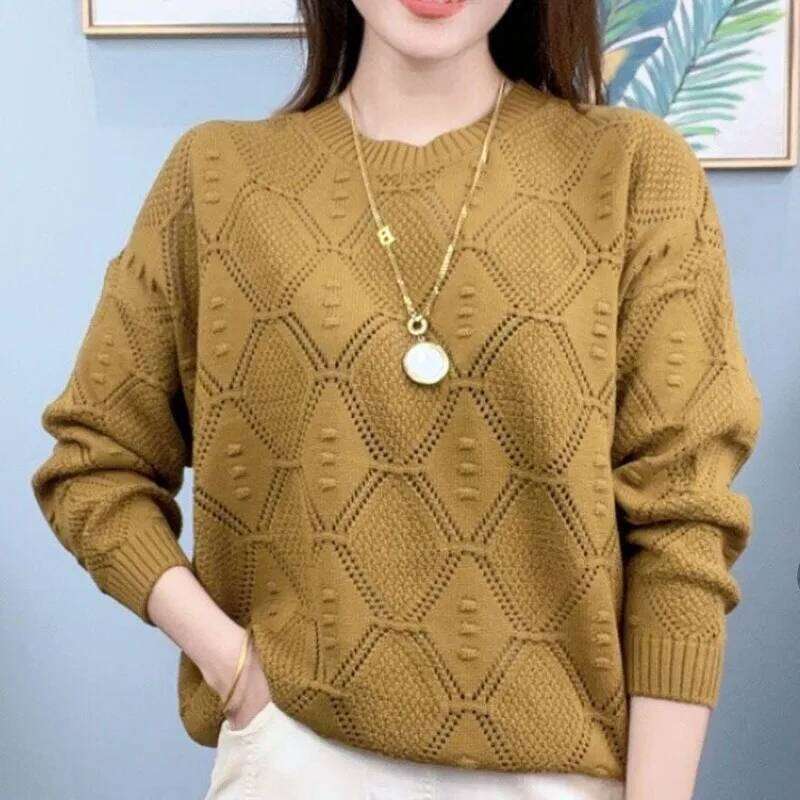 Fashion Round Neck Solid Color Knitted Sweater Hollow Women's Clothing Spring and Autumn Summer New Thin Loose Long Sleeves Z260313