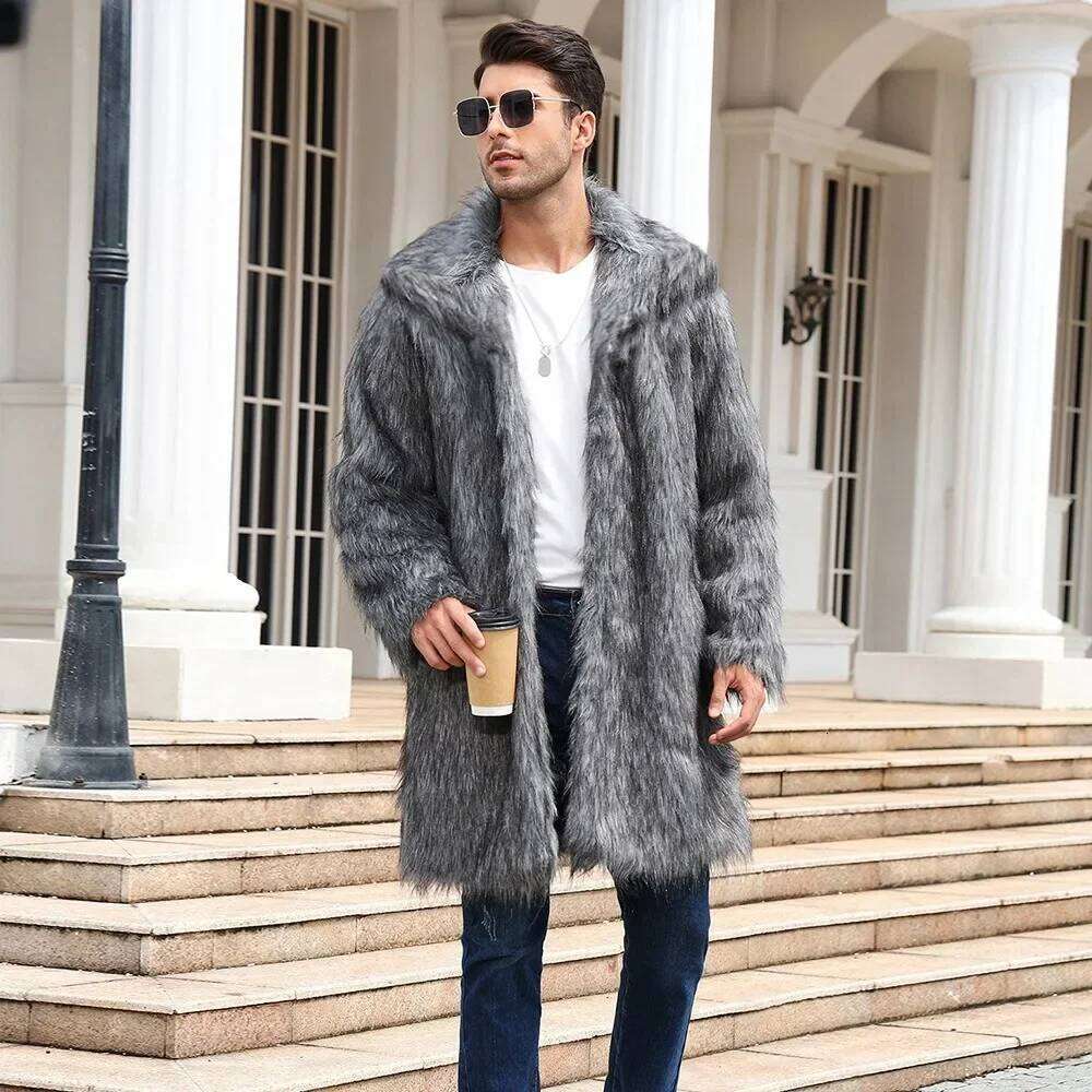 Men Faux Fox Coat Winter Thick Fluffy Sleeve Warm Shaggy Outerwear Luxury Fur Long Jacket Bontjas Jackets Mens Z260313