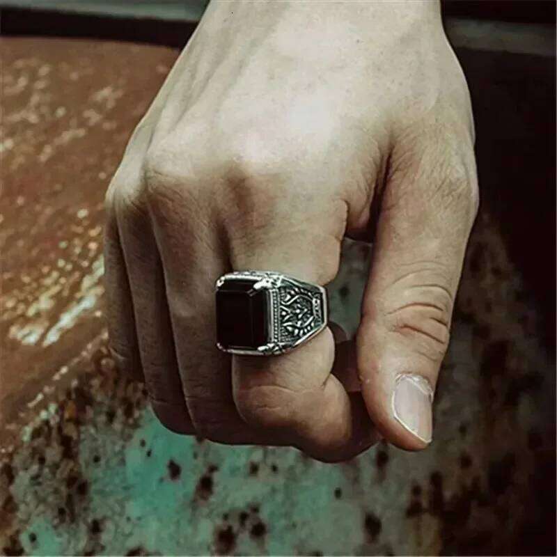 Solid stainless steel Lucifer Rings with Black Onyx Natural Stone Handmade Statement Ring TV Show Jewelry H260312