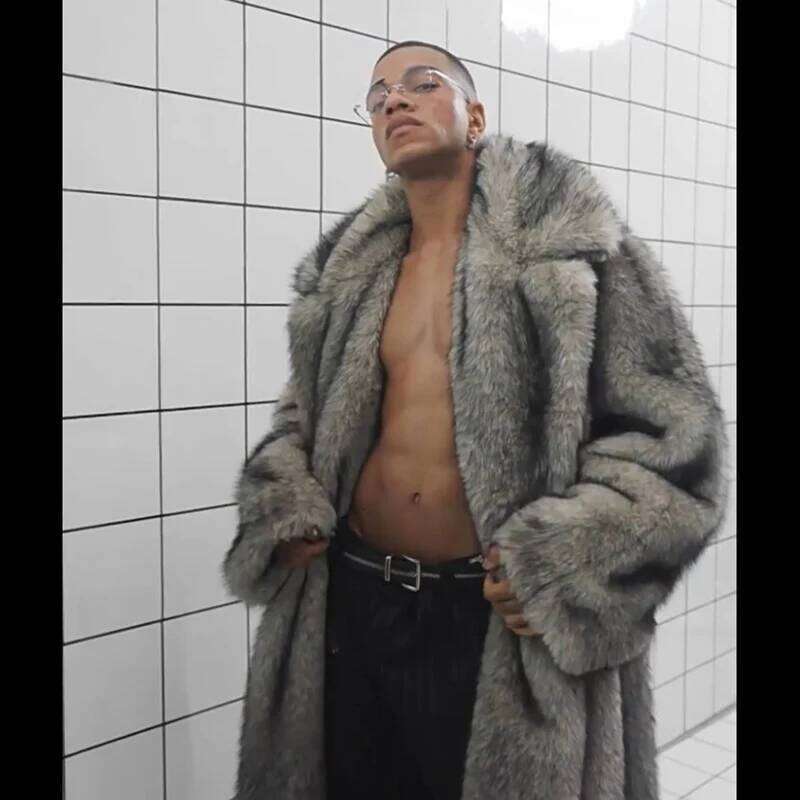 New men's fox fur lapels, long trendy overcoat, winter windproof and warm trench coat, large size Z260313