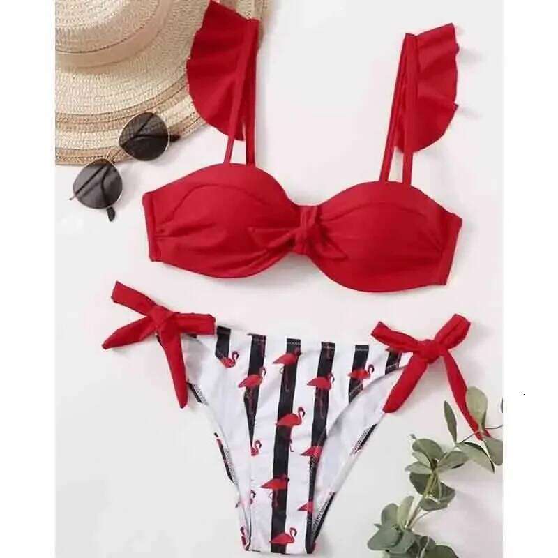 Cacocala 2024 Summer New Striped Lace Ruffle Women Bandeau Swimsuit Female Swimwear Bra Cup Bikini Set High Cut Bathing Suit Y260303