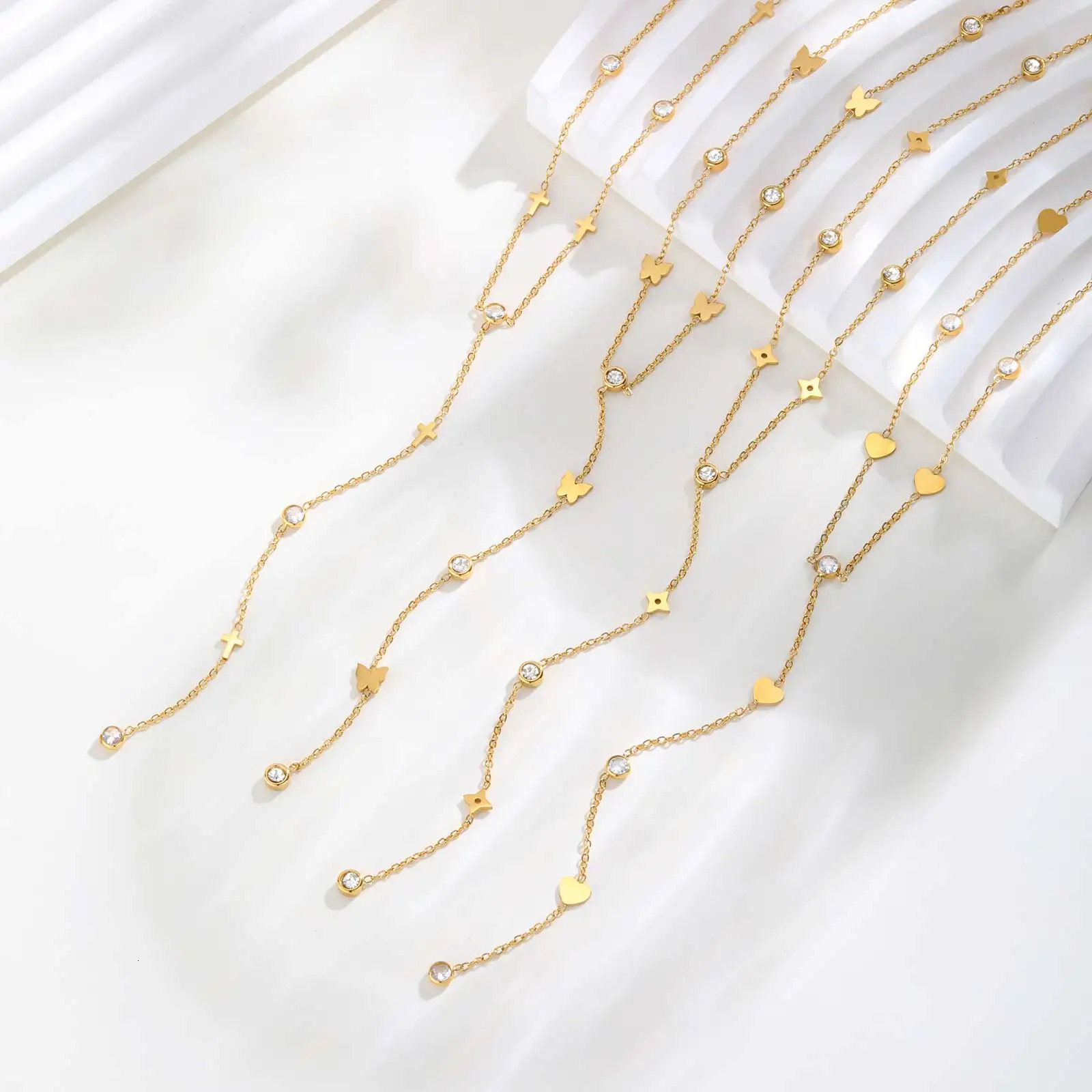 Classic Cross Zircon Y-shaped Necklace for WomenButterfly Heart Shaped Choker NecklacesGold Color Stainless Steel Jewelry Gift 260313