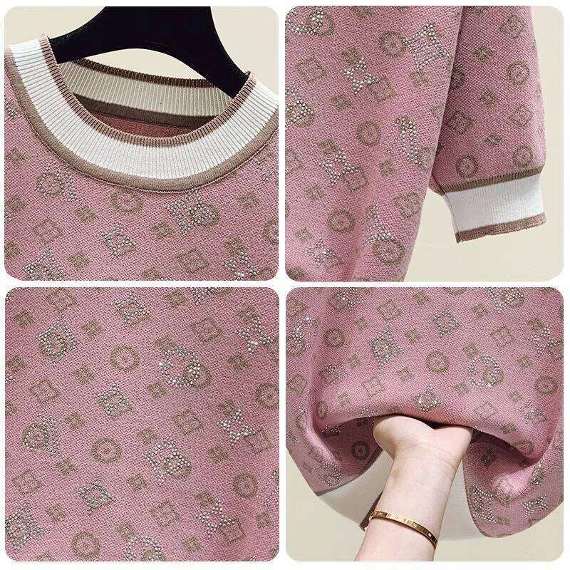 2023 Spring Women Fashion Short Sleeve Sweater Female Knit Glitter Stones T Shirt Femme Vintage Slim Summer Tops Z260314