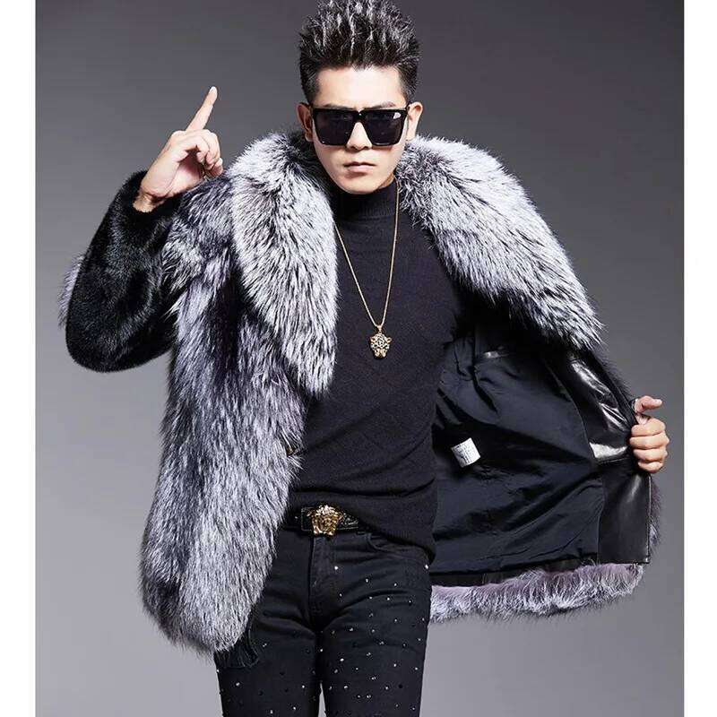 Thick Jacket Winter Fox Coats Men Faux Fur Outerwear Turn Down Collar Long Sleeve Cardigan 2025 Spliced High Street Z260313