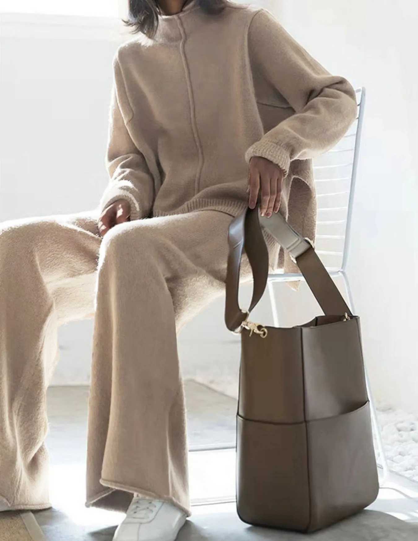 Womens Beige Oversized Knit Two-Piece Set with Half-Zip Sweater And Wide-Leg Pants Casual Loungewear M260313