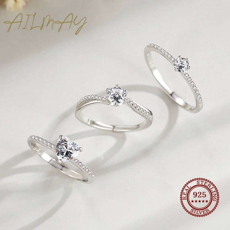Ailmay Real 925 Sterling Silver Simple Sparkling Round Clear Zircon Ring For Women Classic Wedding Accessories Jewelry H260312