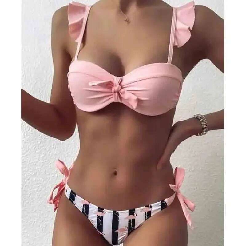 Cacocala 2024 Summer New Striped Lace Ruffle Women Bandeau Swimsuit Female Swimwear Bra Cup Bikini Set High Cut Bathing Suit Y260303