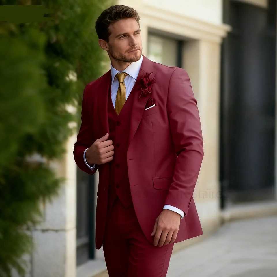 3PCS Formal Solid Mens Suit Set - Wedding Business Party Prom Classic Occasion Jacket Vest Pants Ensemble M260313