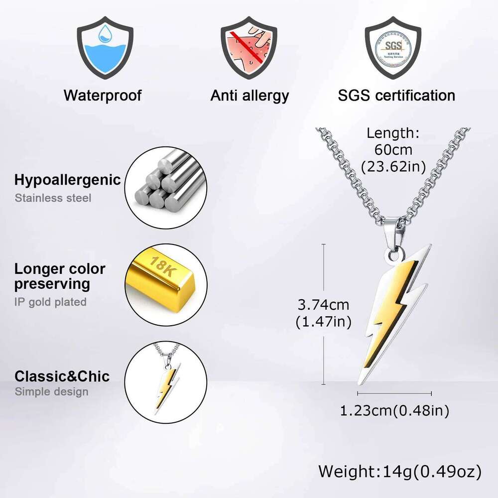 Trendy Stainless Steel Necklaces for Men,Two Color Lightning Pendant Necklace,Party Hip Hop Jewelry Gifts H260312