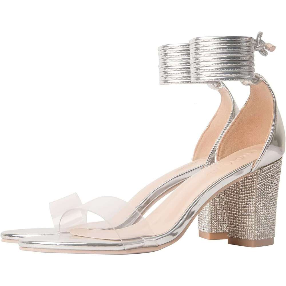 Women S Heeled Sandals With Rhinestone Clear Chunky Dress Heels Strappy Open Toe Party Wedding Shoes MOJIDASHU