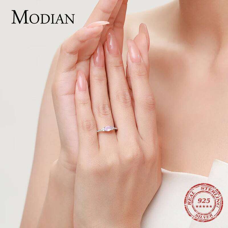 MODIAN 925 Sterling Silver Pink MoonStone Elegant Stackable Finger Ring Eternity Bands for Women Christmas Gifts Fine Jewelry H260312