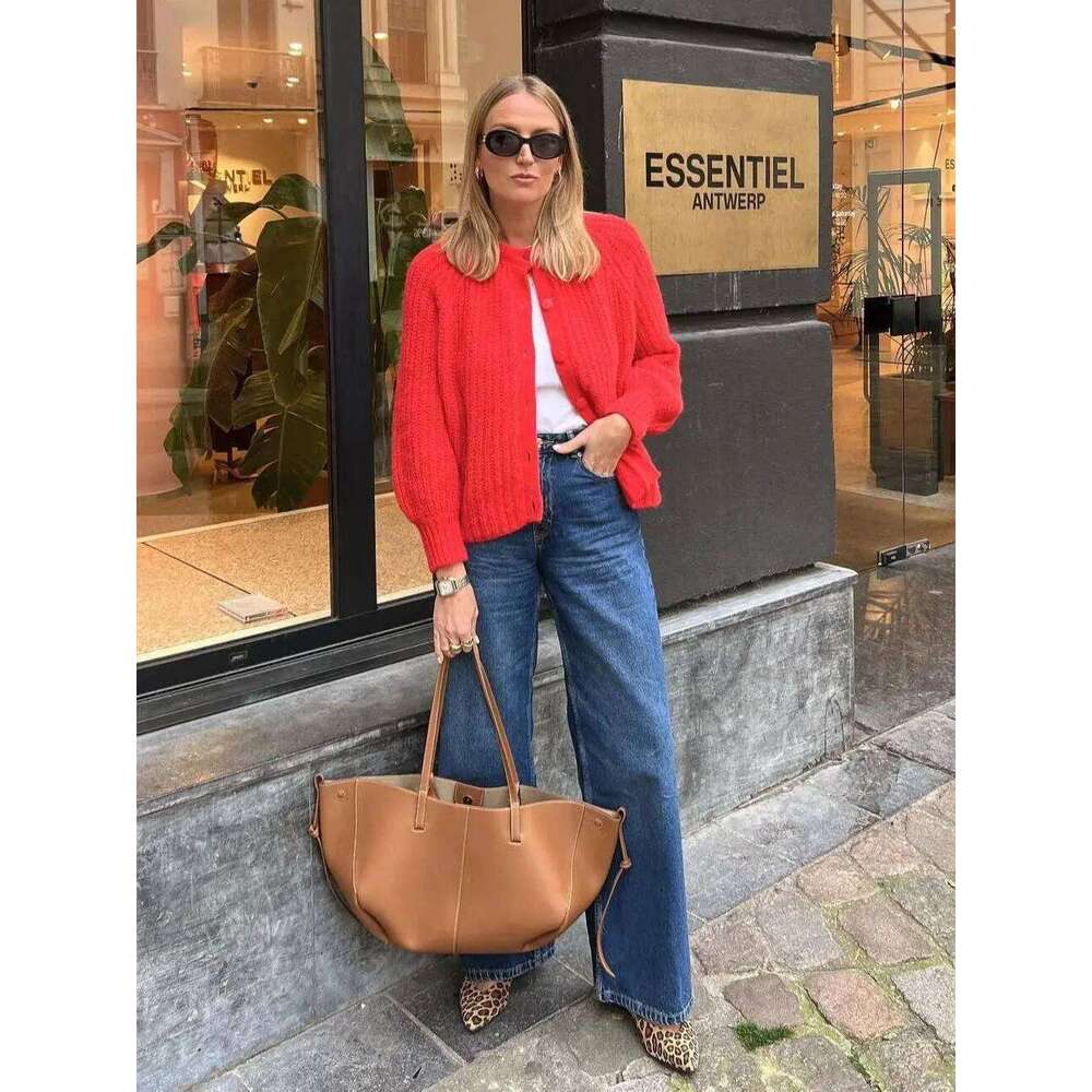 Women O-neck Single Breasted Cardigan Knitted Coat 2025 Autumn Winter Casual Long Sleeve Red Warm Sweater Tops Clothes Z260313