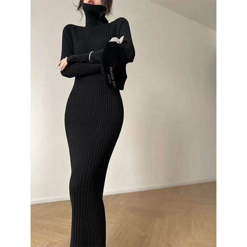 MEXZT Elegant Black Knitted Midi Dress Women Fashion Turtleneck Sweater Dresses Winter Korean Long Sleeve Bodycon Vestidos New Z260314