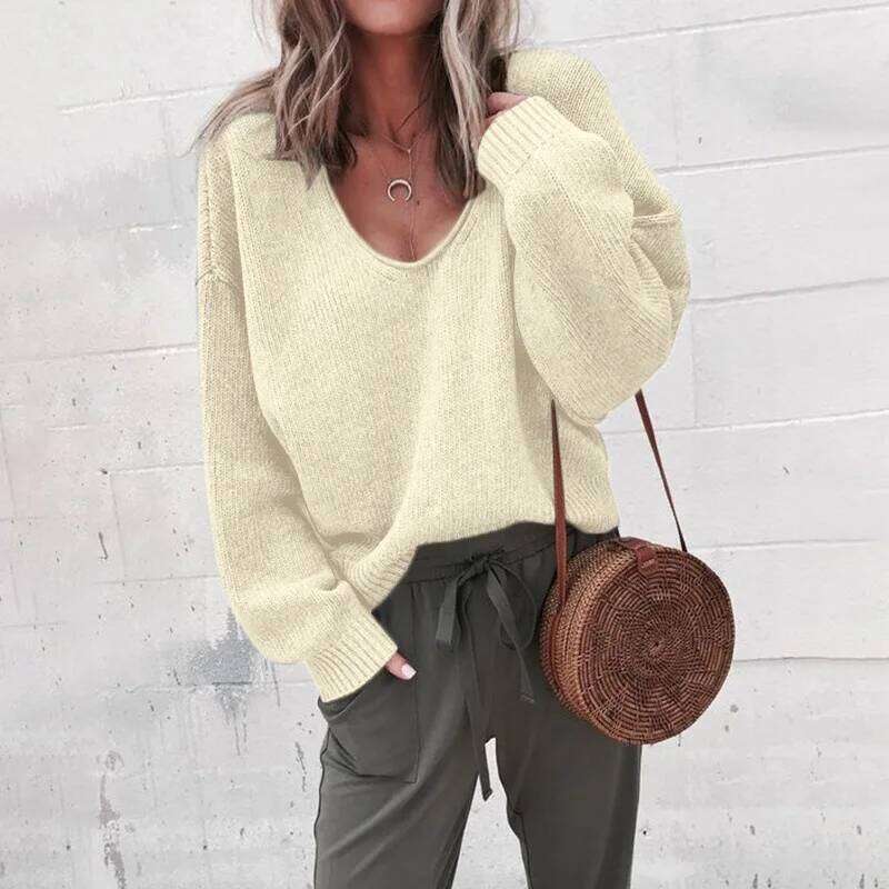 Sexy Solid Deep V Neck Sweater For Women Elegant Loose Long Sleeved Knitted Pullover 2024 Autumn Winter Fashion New Casual Lady Z260313