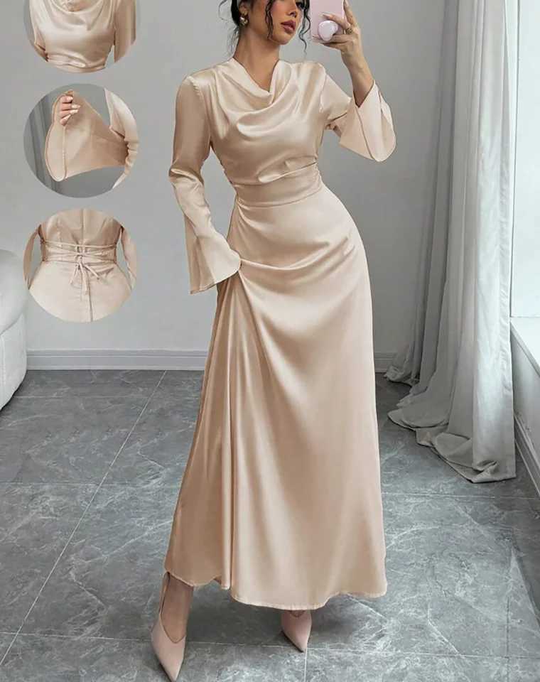 Maxi Dress Spring Summer Women Champagne Satin Cowl Neck Flared Sleeve Belted Elegant Luxurious Party Wedding Evening DressT260316