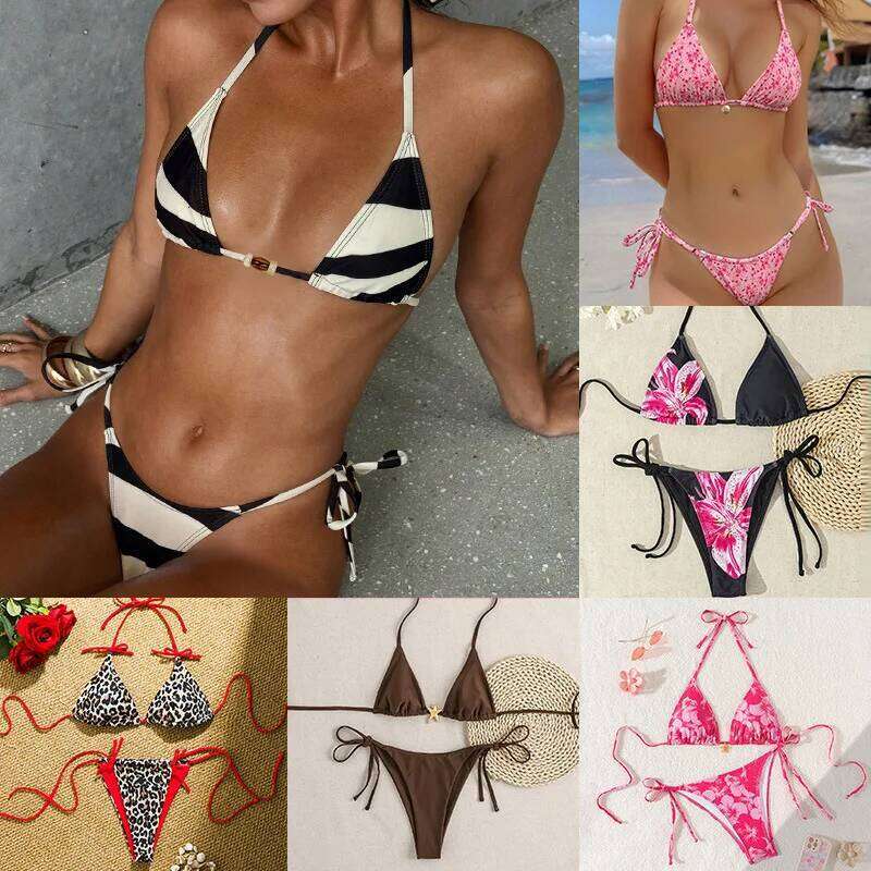 2025 New European and American lace-up bikini, high-end bikini swimsuit set, feminine look, leopard print stripes Y260303