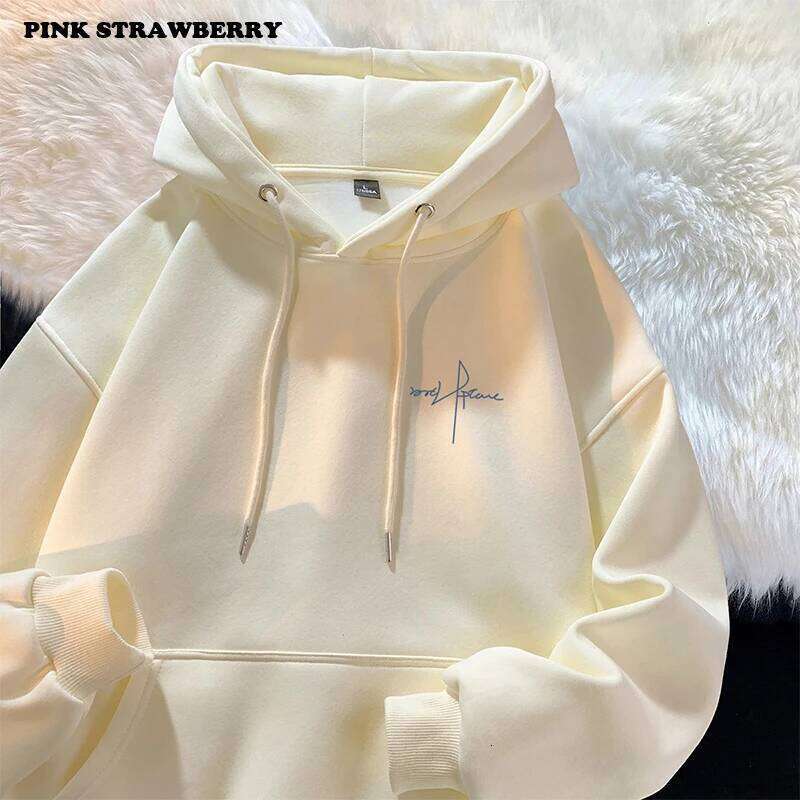 American Letter Print Hoodie Women Autumn Winter 2025 New Oversize Cotton Plush Pullover Loose Y2K Tops Warm Men clothing Z260314