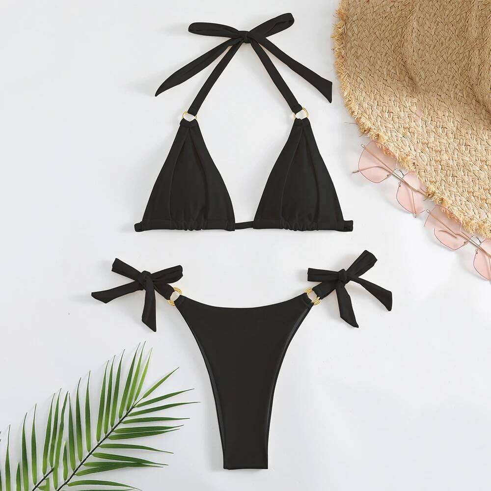 White Ruched Bow Kontted Swimwear Halter Micro Bikini Thong Sexy Swimsuit Women Metal Ring Bathing Suit Bikinis Sets 2025 Bather Y260303