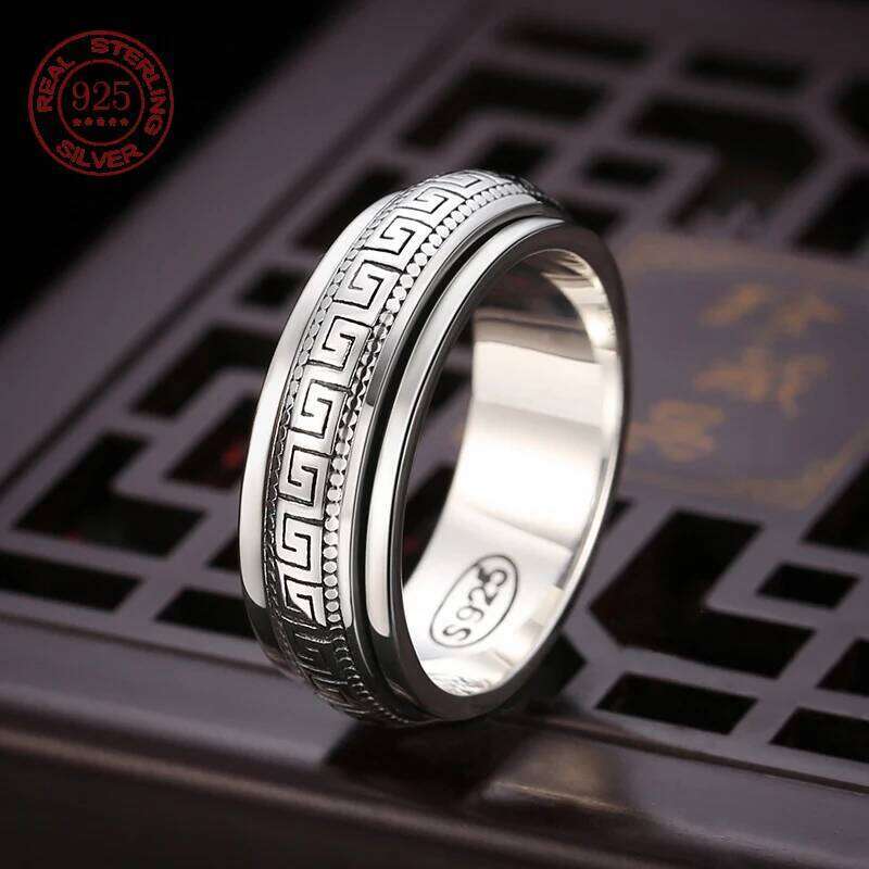 Factory Price S925 Sterling Great Wall Pattern Spinner Ring Men Women Real Silver Double-layer Rotatable Rings Jewelry H260312