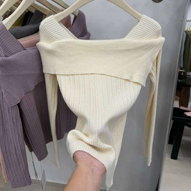 Women Off the Shoulder Sweater Top Ribbed Knit Long Sleeve Pullover Fitted Plain Jumper Ladies Fall Winter Elegant Outfit Z260314