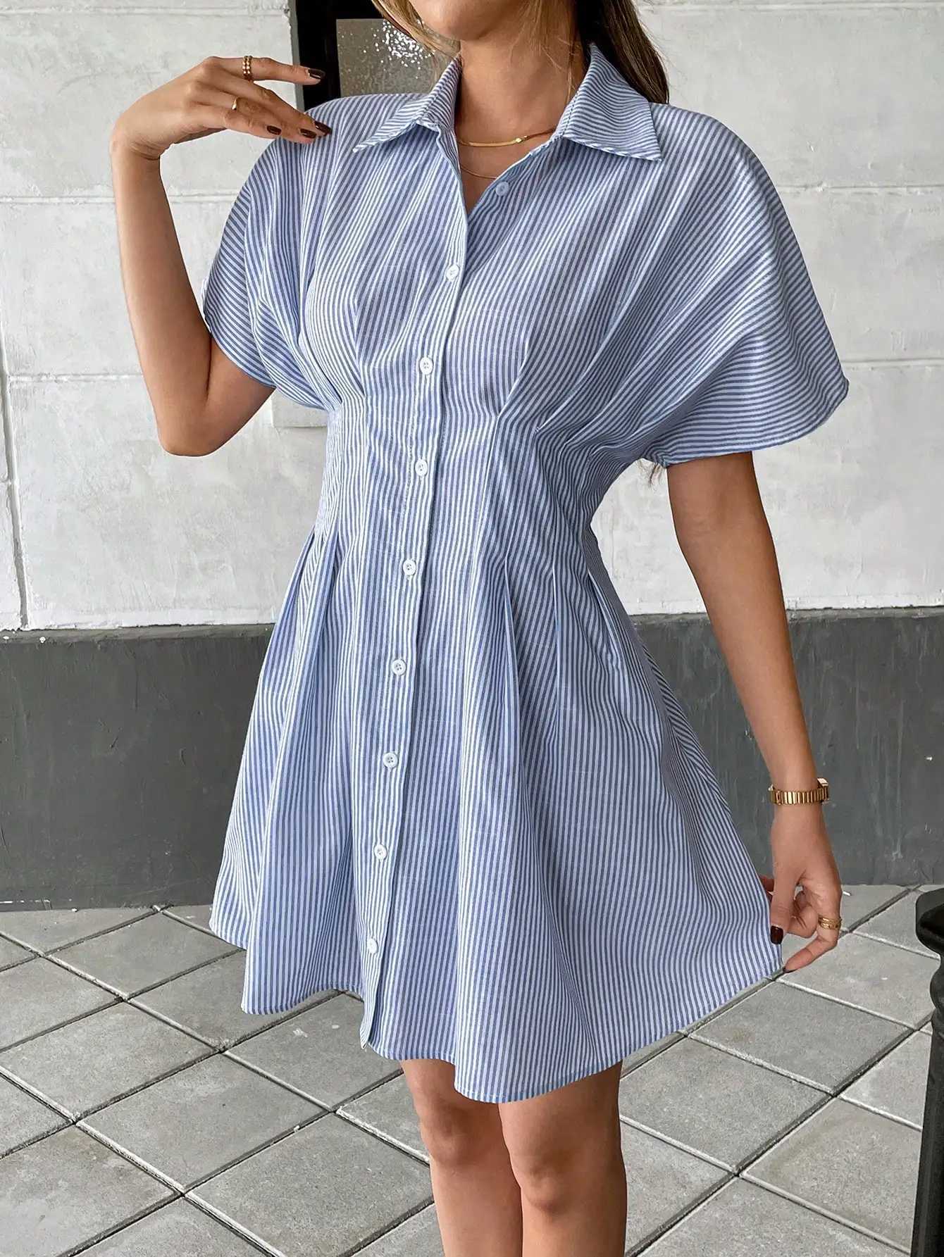 Navy White Striped Shirt-Style A-Line Mini Dress with Short SleevesT260314